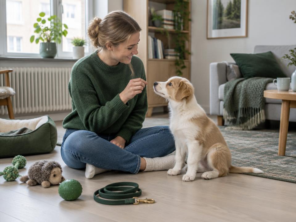 Valp och ägare hemma i soffan